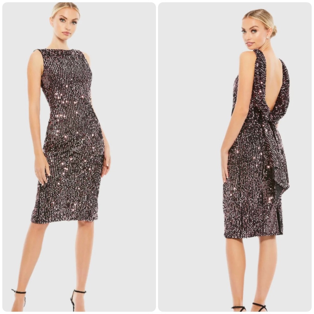 Mac Duggal 26438 Open Back Draped Sequin Midi Cocktail Dress Black Rose | 4